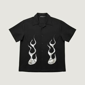 Vtg Silver Metallic Flame Bowling Shirt Retro Johnny Suede Mens L Black USA Made